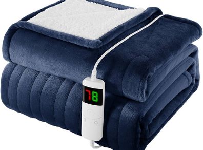 Heated Blanket Electric Throw 130x160cm, 1/2/4/6/8 Hours Auto-Off 10 Heat Level Digital Control, Over-Heat Protection Flannel Sherpa Washable Blanket Navyblue
