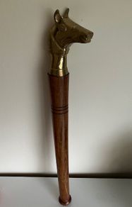 Antique Brass Horse Head on Short Polished Wood Baton