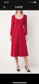LK Bennett red crepe flare belted dress