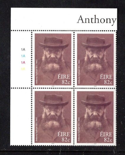 2009 Ireland Anthony Trollope, 1815-1882 Commemorative Stamp Plate Block 1A1A1A1A Mint Never Hinged (MNH)