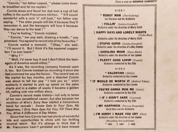 Connie Francis.Connie's Greatest Hits.50's-60's.Mono.MGM Rec.Original.Exc.cond.