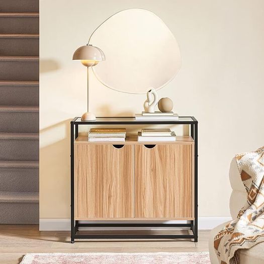 Console table with glass top and doors Sideboard Cabinet