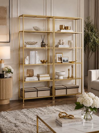 Glass Display Shelf 6 Tier Gold Metal Bookcase Tempered Glass Storage Unit