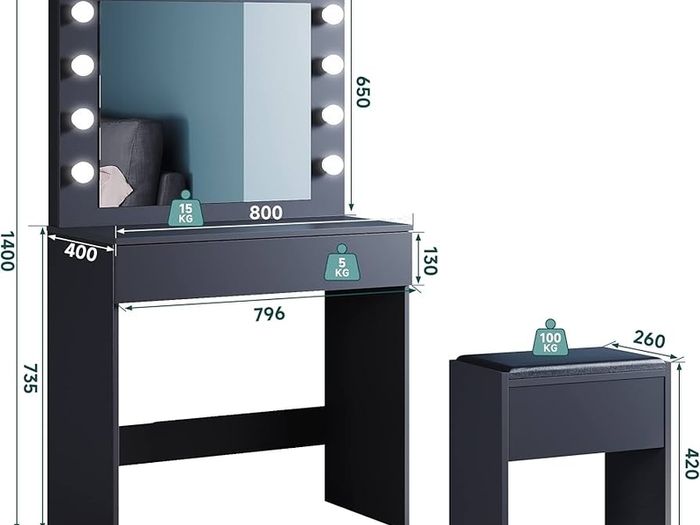 dressing table with stool, illuminated mirror, drawers, cosmetic table with 12 lights, 10 adjustable brightness, 3 colors, dressing table chest of drawers for bedroom, black, 80x40x140cm.