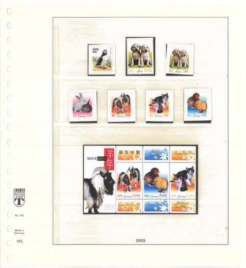 Collection: Ireland 2003-4 Ireland Stamp collection on Linder pages in Lindner album Mint Never Hinged (MNH). Adverts shows 14 images of contents