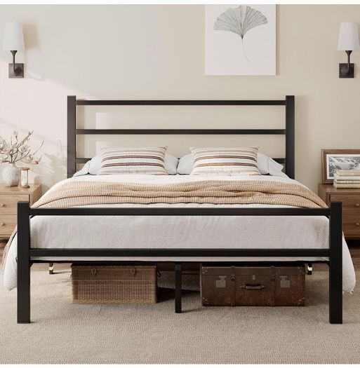 Metal Double Bed Frame With Stylish Headboard And Footboard,Bed Frame Double Bed,Easy Assembly, Ample Under-bed Storage Space, Black