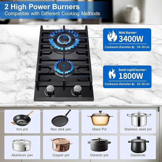 Gas Hob 2 burners, 30cm Built in 2 Burners Gas on Glass Hob, NG/LPG Gas Hob Convertible, Gas Cooktop with Flame
