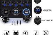 12V/24V Toggle Switch Panel, IP65 Waterproof Car Rocker Switches 4.2A Dual USB Charger Port Lighter Socket Digital Voltmeter Display for Boat Car RV Vehicles Blue