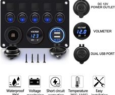12V/24V Toggle Switch Panel, IP65 Waterproof Car Rocker Switches 4.2A Dual USB Charger Port Lighter Socket Digital Voltmeter Display for Boat Car RV Vehicles Blue
