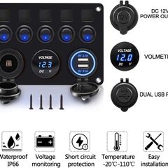 12V/24V Toggle Switch Panel, IP65 Waterproof Car Rocker Switches 4.2A Dual USB Charger Port Lighter Socket Digital Voltmeter Display for Boat Car RV Vehicles Blue
