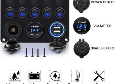 12V/24V Toggle Switch Panel, IP65 Waterproof Car Rocker Switches 4.2A Dual USB Charger Port Lighter Socket Digital Voltmeter Display for Boat Car RV Vehicles Blue