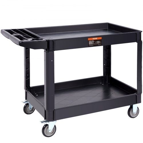 Utility Service Cart, 2 Shelf 249.5 kg Heavy Duty Plastic Rolling Utility Cart with 360 Swivel Wheels (2 with Brakes), Large Lipped Shelf, Ergonomic Storage Handle for Warehouse/Garage/Cleaning