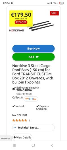 Three-bar roof rack for Ford Transit van