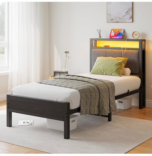 3FT Single Bed Frame with Storage Headboard, Black Metal Single Bed with Upholstered Headboard, LED Lights and Charging Station, Heavy Duty Metal Slats Support,Easy Assembly