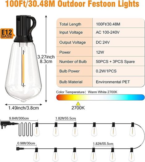 MASSIVE SALE Festoon Lights Outdoor Mains Powered - 100Ft Garden String Lights with 50+3(Spare) LED Shatterproof Bulbs Outside Waterproof Weatherproof 30.48M Gazebo Lights for Patio Party Pergola Bistro (FREE POSTAGE)
