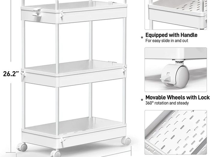 3-Tier Storage Trolley Cart Slide-out Rolling Utility Cart Mobile Storage Shelving Organizer for Kitchen, Bathroom, Laundry Room, Bedroom, Narrow Places, Plastic,White