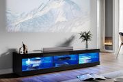 Black TV Unit Gloss 180cm TV Stand Cabinet with LED Lights Modern TV Entertainment Unit with 3 Open Glass Shelves and Drawers Long Design TV Cabinets for Living Room