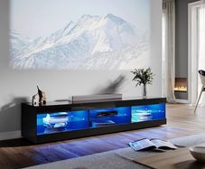 Black TV Unit Gloss 180cm TV Stand Cabinet with LED Lights Modern TV Entertainment Unit with 3 Open Glass Shelves and Drawers Long Design TV Cabinets for Living Room
