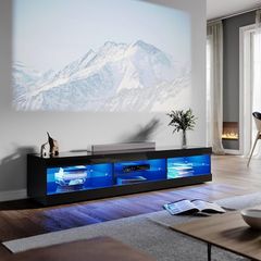 Black TV Unit Gloss 180cm TV Stand Cabinet with LED Lights Modern TV Entertainment Unit with 3 Open Glass Shelves and Drawers Long Design TV Cabinets for Living Room
