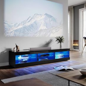 Black TV Unit Gloss 180cm TV Stand Cabinet with LED Lights Modern TV Entertainment Unit with 3 Open Glass Shelves and Drawers Long Design TV Cabinets for Living Room