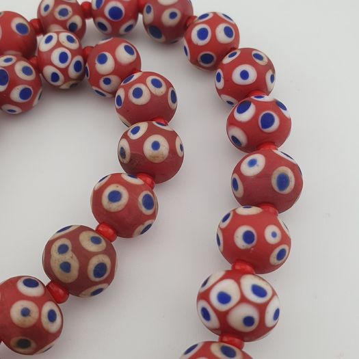 Antique Venetian Style Blue Eyes Red Glass & venetian WhiteHeart Glass Beads Necklace