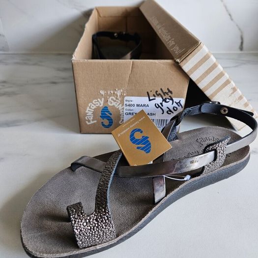 Super comfortable anti-slip Greek Fantasy Sandals leather flip flops S400 Mara Grey Splash new & boxed RRP 65 euro size UK 3.5 36 EU
