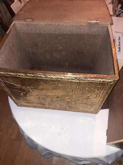 vintage brass log box and magazine rack