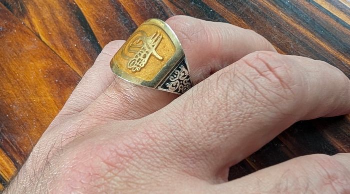Heavy 13g Sterling Silver Turkish Tughra Ring , Tigers Eye , Size V