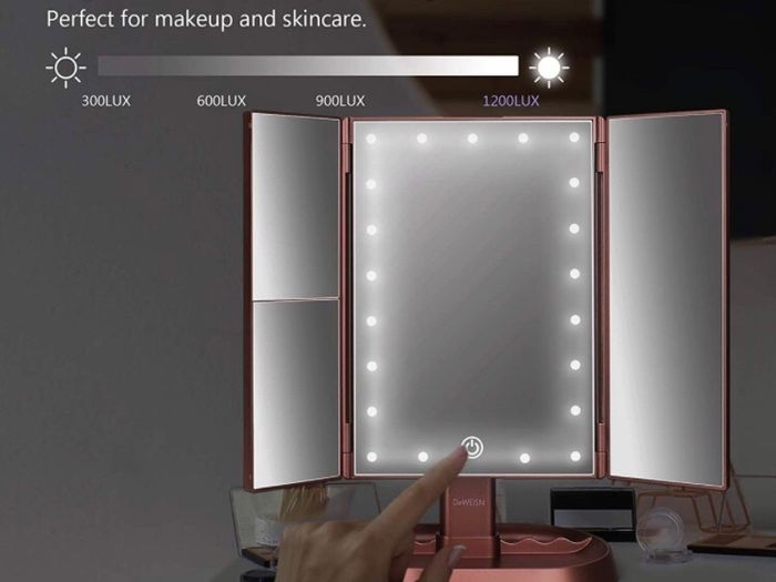 Makeup Mirror, Lighted Vanity Mirror with 1x/2x/3x Magnification, 21 LED Portable Trifold Mirror Touch Screen Dimming Dual Power, Illuminated Cosmetic Mirror for Countertop (MULTIPLE COLOURS)