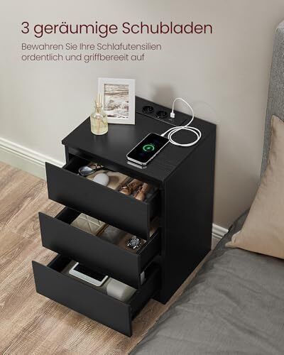 Set of 2 Bedside Tables 3 Drawers 2 AC Outlets, 2 USB Ports