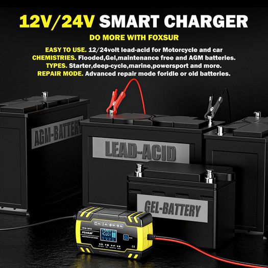 FOXSUR FBC122408D Car Battery Charger,12V/24V 8A 4A Intelligent Automatic Battery Charger for Car