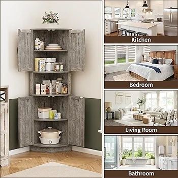 165cm Tall Corner Storage Cabinet with Barn Doors, 5-Tier Farmhouse Corner Cabinet for Living Room, 4 Wooden Doors and 5 Shelves, Space Saving Freestanding Sideboard for Home, Kitchen,Gray