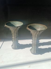 Stunning Pair Of Ming Gu Bronze Vases