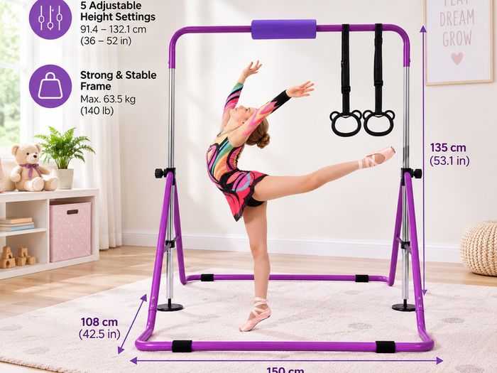 Kids Gymnastics Bar with Rings  Adjustable Height Foldable Training Bar