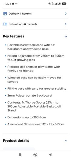 235 - 305cm Thorpe Sports Basketball Stand with 44" Backboard