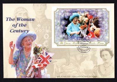 2000 Isle of Man Elizabeth The Queen Mothers Century Commemorative Stamp Miniature Sheet First Day Cover (FDC)