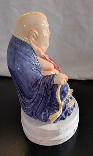 Ceramic Laughing Buddha Lamp Base Blue Robe Budai Hotei Vintage 20cm