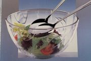 Glass salad bowl &amp; servers, matching glass party plate