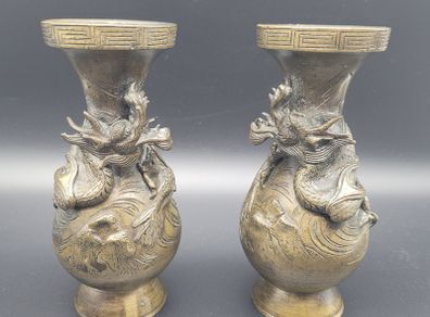 Antique Chinese Bronze Dragon Vases Pair 19th Century