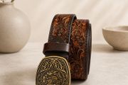 Unisex Genuine Leather Belt Vintage Embossed Design with Antique Buckle Casual &amp; Formal Waist Belt