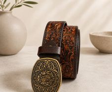 Unisex Genuine Leather Belt Vintage Embossed Design with Antique Buckle Casual & Formal Waist Belt