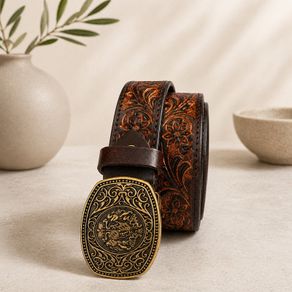 Unisex Genuine Leather Belt Vintage Embossed Design with Antique Buckle Casual & Formal Waist Belt