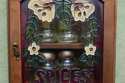 Vintage Wood Spice Rack Cabinet Glass Door Faux Stained Glass 2 Tier 8 Jars