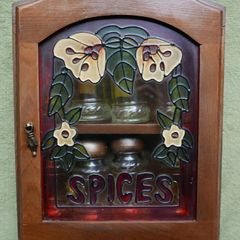 Vintage Wood Spice Rack Cabinet Glass Door Faux Stained Glass 2 Tier 8 Jars
