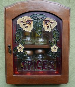 Vintage Wood Spice Rack Cabinet Glass Door Faux Stained Glass 2 Tier 8 Jars