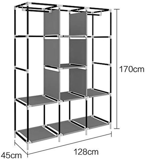 NEW SALE | Canvas Wardrobe Cupboard Clothes Storage Organiser With 2 Hanging Rail and 6 Shelves,Grey