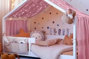Bed Canopy, Children Bed Canopy Nursery Decorations, House Bed Canopy Made of 100 Cotton Muslin Handmade, Decoration for Children's Room, 135 by 360cm, Dark Pink