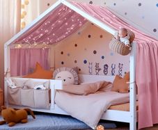 Bed Canopy, Children Bed Canopy Nursery Decorations, House Bed Canopy Made of 100 Cotton Muslin Handmade, Decoration for Children's Room, 135 by 360cm, Dark Pink