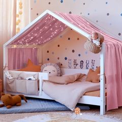 Bed Canopy, Children Bed Canopy Nursery Decorations, House Bed Canopy Made of 100 Cotton Muslin Handmade, Decoration for Children's Room, 135 by 360cm, Dark Pink