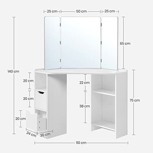 Dressing table, corner dressing table, dressing table, cosmetic table, 3-part folding mirror, 2 drawers, 3 open compartments, 110 x 54 x 140 cm, modern, white